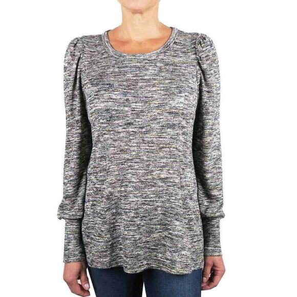 STATUS By Chenault Marled Knit Puffed Sleeve Pullover In Black/Teal Small $78 - Picture 1 of 3